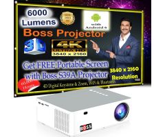 BOSS S39A | 3840x2160| Android 6.0 | 6000 Lumens | 7000:1 Contrast wifi/bluetooth - 6000 lm Portable Projector- White