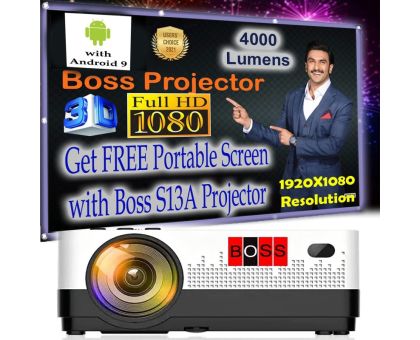 BOSS S13A Full HD Pro 3D Android 9 Wi-Fi Bluetooth|4500 Lumens 1920X1080P Resolution - 4500 lm / Wireless / Remote Controller Portable Projector- White