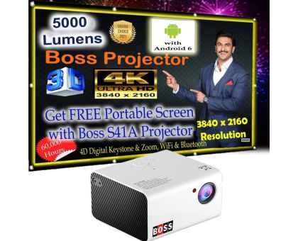 BOSS S41A | 3840x2160| Android: 6.0 | 5000 Lumens ||5000:1 Contrast wifi/bluetooth - 5000 lm Portable Projector- White
