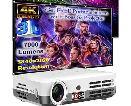 BOSS S7 DLP, ULTRA HD - 7000 lm / Wireless / Remote Controller Portable Projector- White