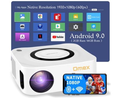 Omex 6500LM Android 9.0 Smart Full HD NEW 5G WIFI, Bluetooth Digital Zoom 4D Keystone - 6500 lm / 2 Speaker / Wireless / Remote Controller Portable Projector- White
