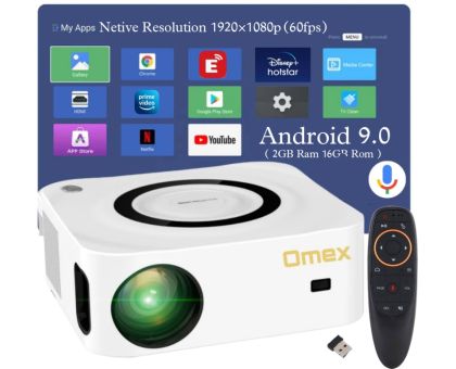 Omex 6500LM Android 9.0 Smart Projector 5G Wi-Fi BT 1920×1080p -  60fps Voice Search - 6500 lm / Wireless / Remote Controller Portable Projector- White