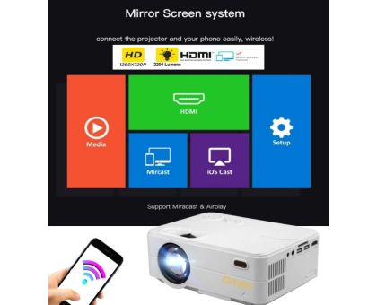 Omex M9 WI-FI Miracast, Airplay 1280P HD Smart LED Video Projector 2200 Lumens - 2200 lm / 2 Speaker / Wireless / Remote Controller Portable Projector- White