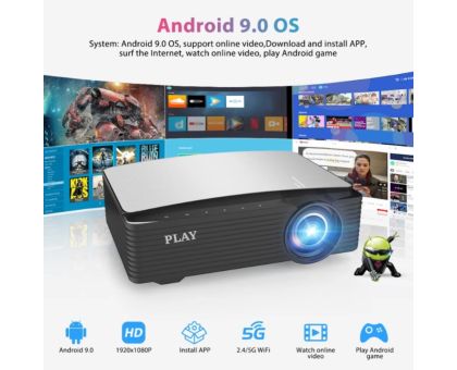 PLAY Full HD Native 1080P Big Screen 5G WIFI Android 3D Home Office Projector - 8000 lm / Remote Controller Projector- Black